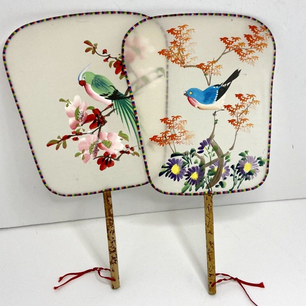 2 Vintage Japanese Bamboo Handle Hand Painted Bird Scene Silk Paper Paddle Fans